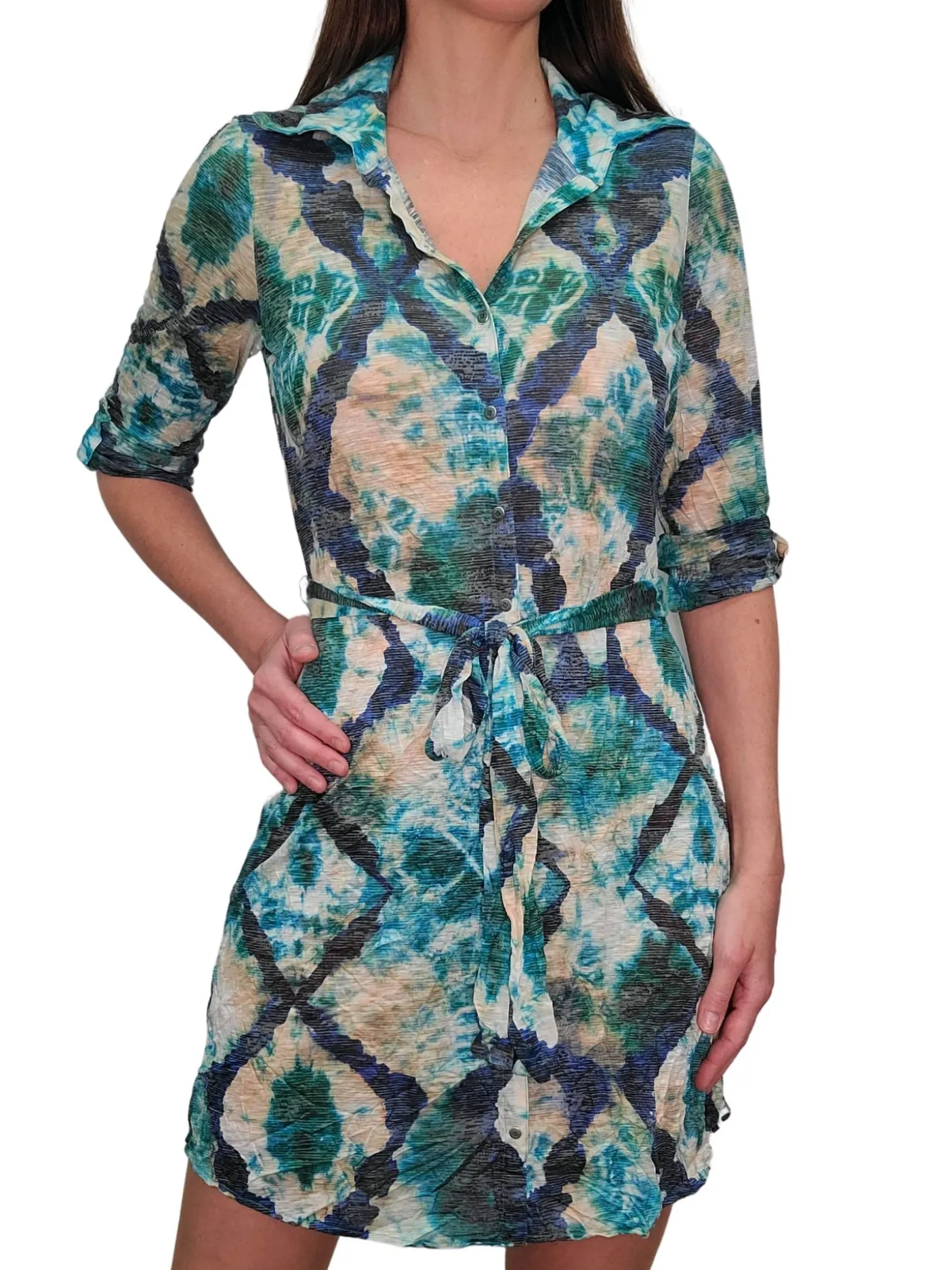 Azure Crushed Front-Tie Belt Dress