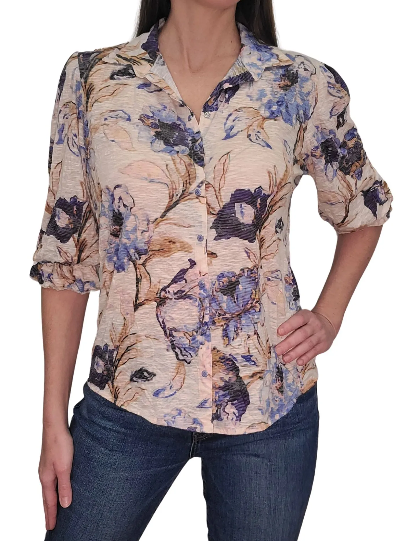 Collared Denim Blouse with 3/4 Smocked Sleeves