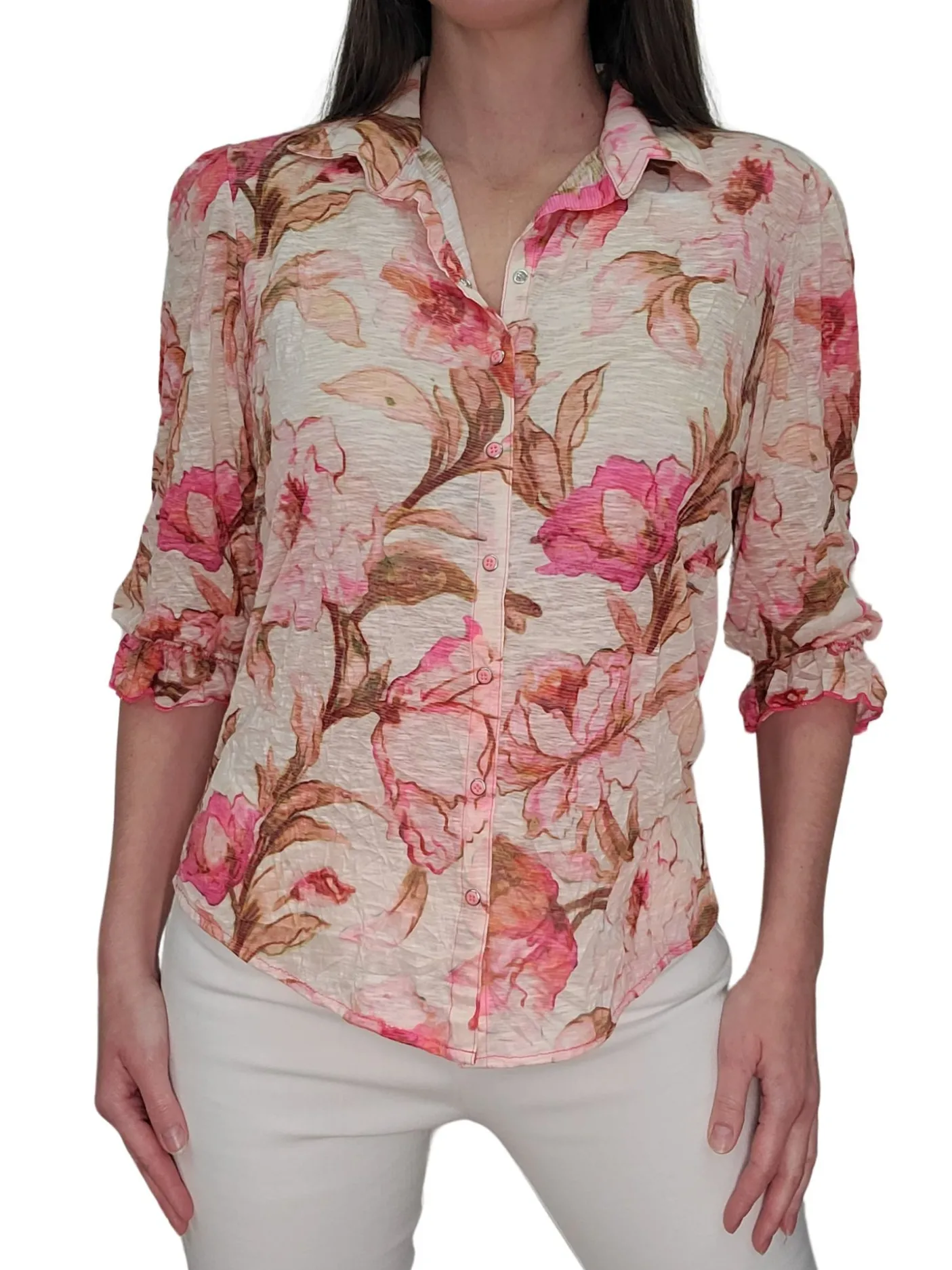 Collared Dusty Blouse with 3/4 Smocked Sleeves