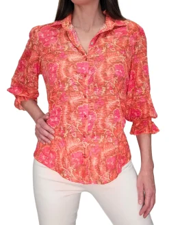 Collared Pansy Blouse with 3/4 Smocked Sleeves