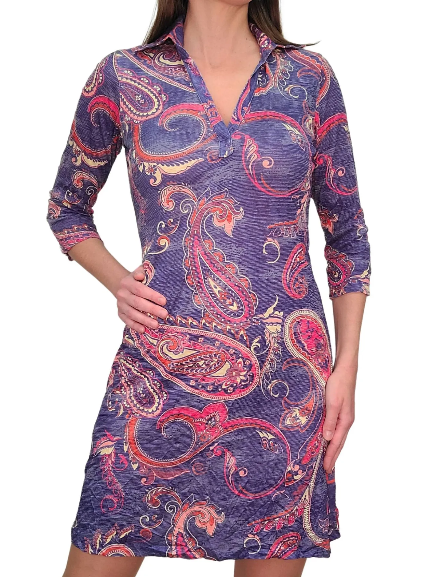 Crushed 3/4 Sleeve Amethyst Polo Dress