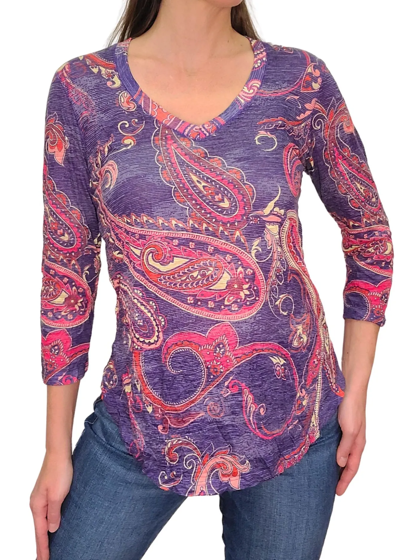 Crushed 3/4 Sleeve Amethyst V-Neck