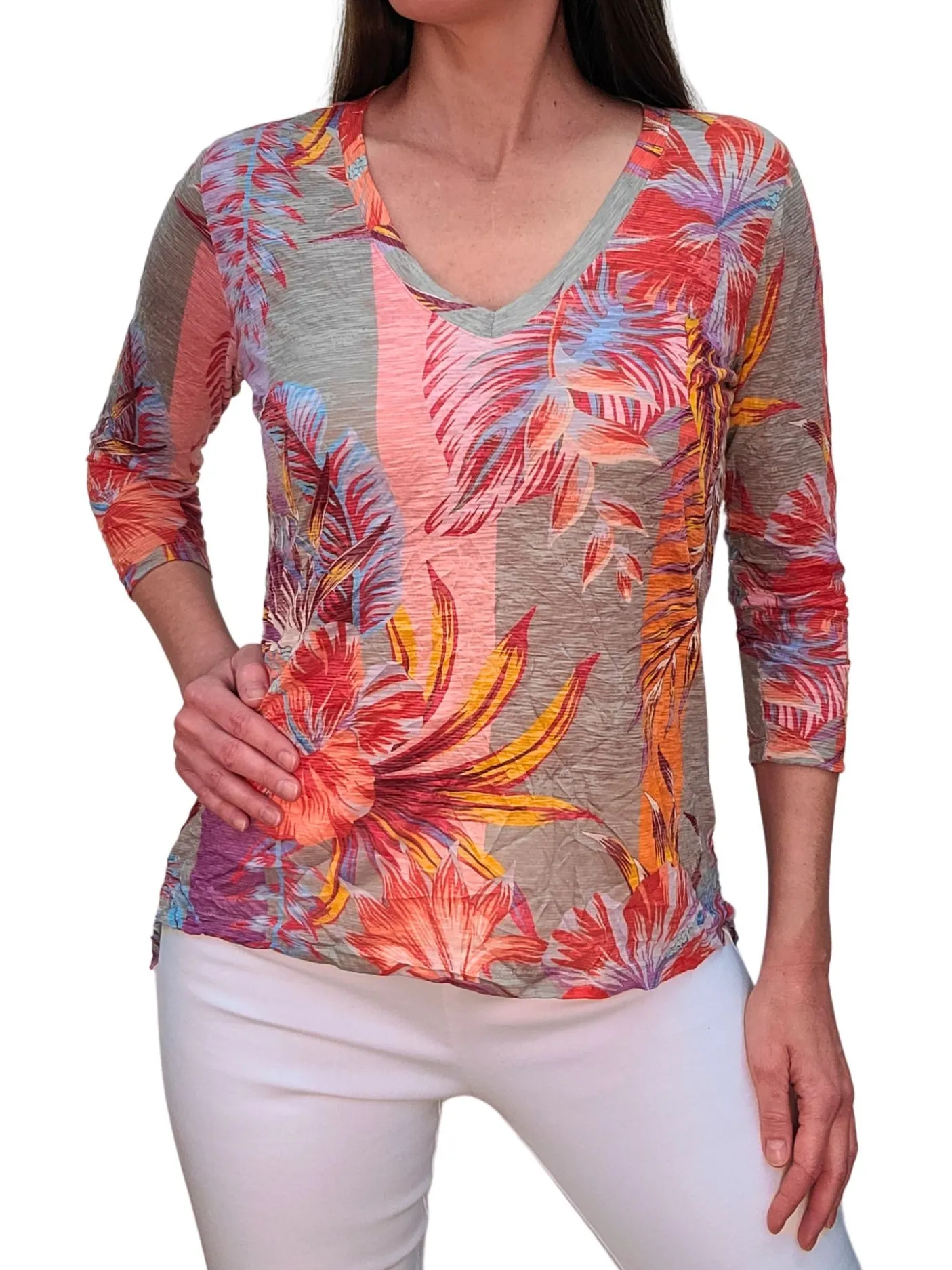 Crushed 3/4 Sleeve 'Bright' V-Neck