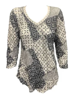 Crushed 3/4 Sleeve Cement V-Neck with Rhinestones