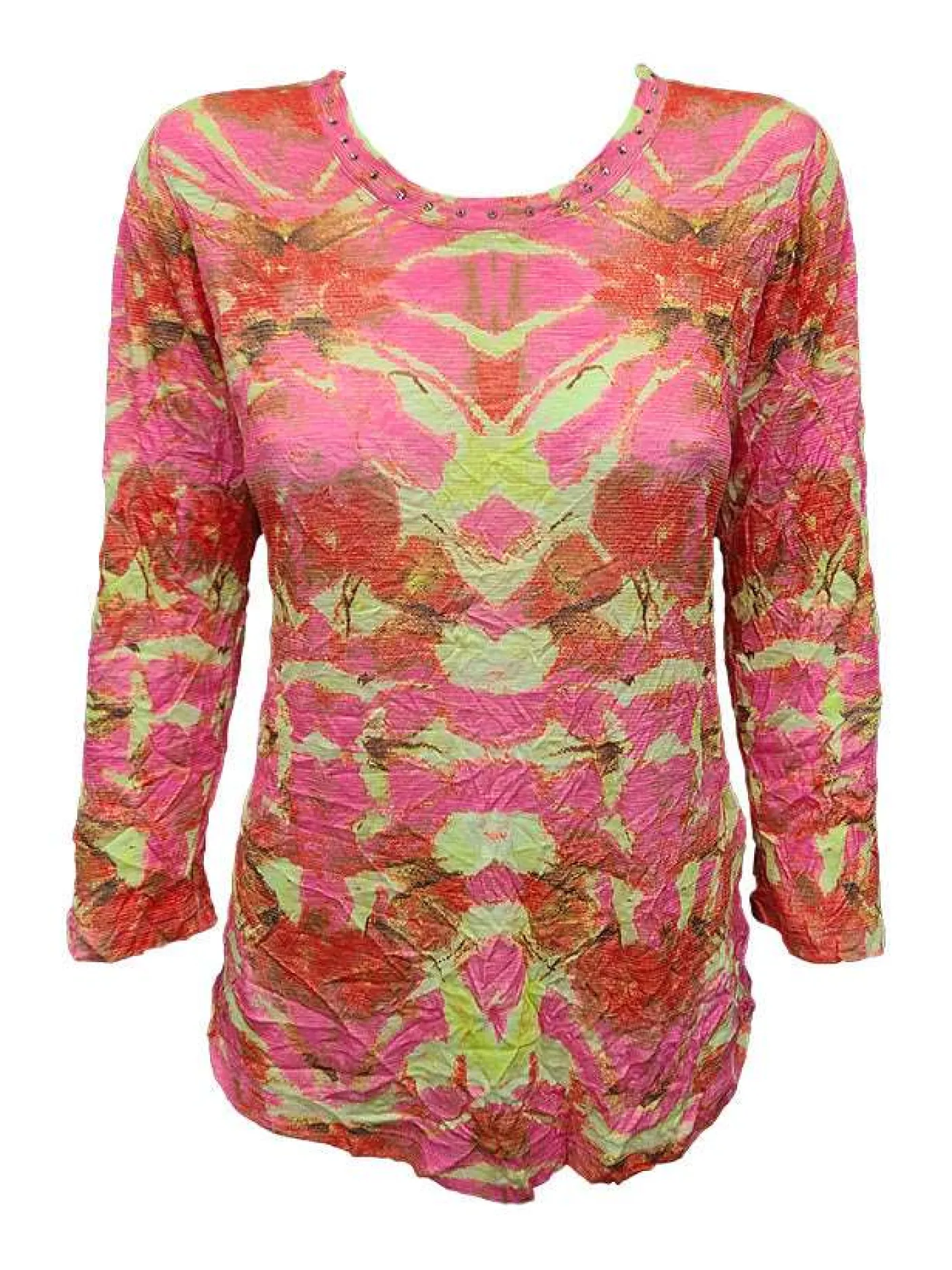 Crushed 3/4 Sleeve Coral Crew Neck with Rhinestones