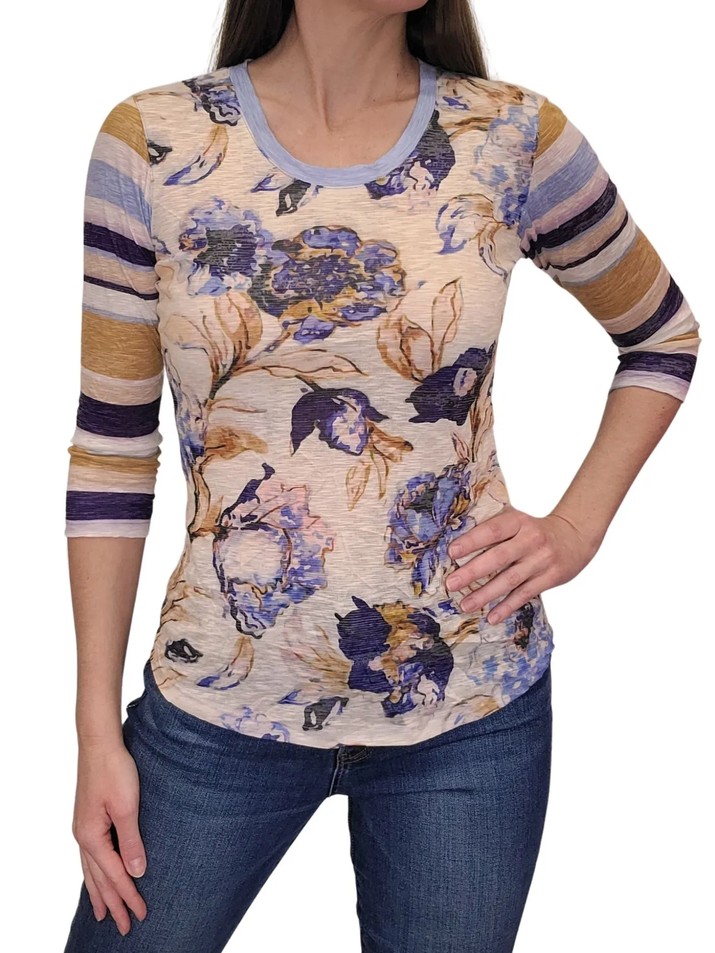 Crushed 3/4 Sleeve Crew Neck 'Denim'