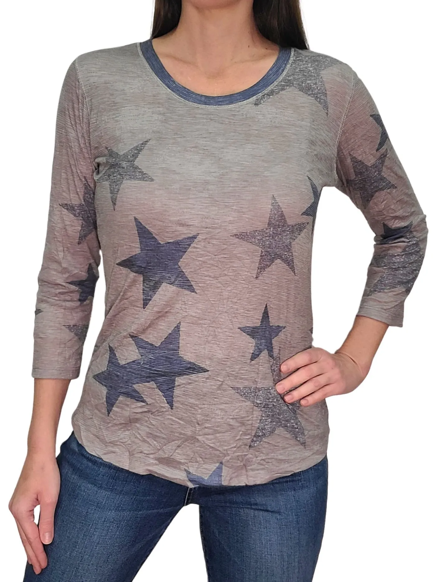 Crushed 3/4 Sleeve Crew Neck 'Star'
