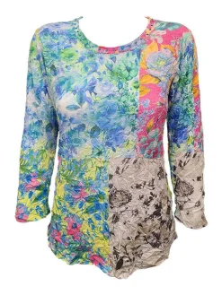 Crushed 3/4 Sleeve Garden Crew Neck with Rhinestones