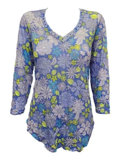 Crushed 3/4 Sleeve Iris V-Neck with Rhinestones