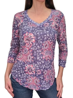 Crushed 3/4 Sleeve Lapis V-Neck with Rhinestones
