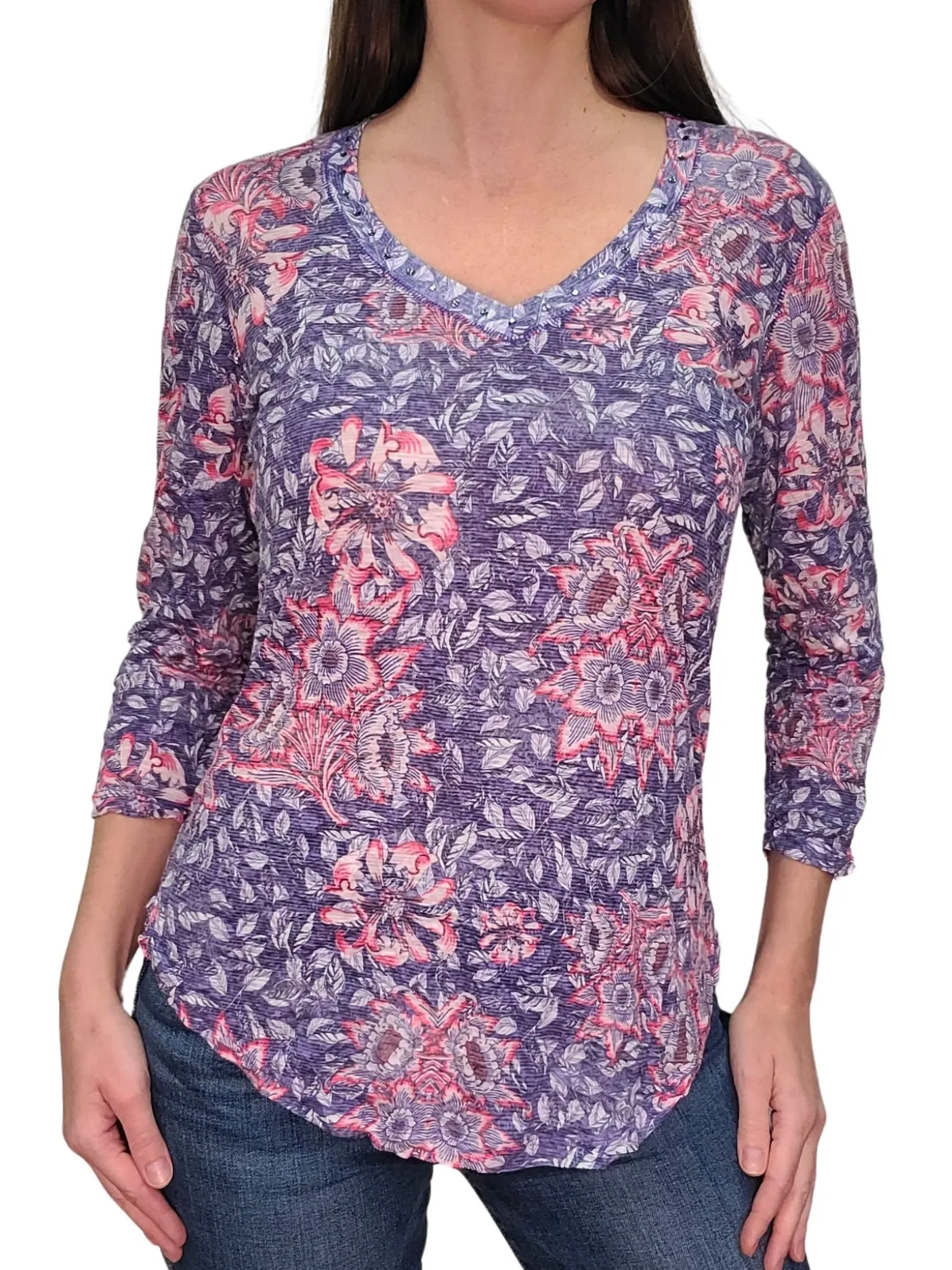 Crushed 3/4 Sleeve Lapis V-Neck with Rhinestones