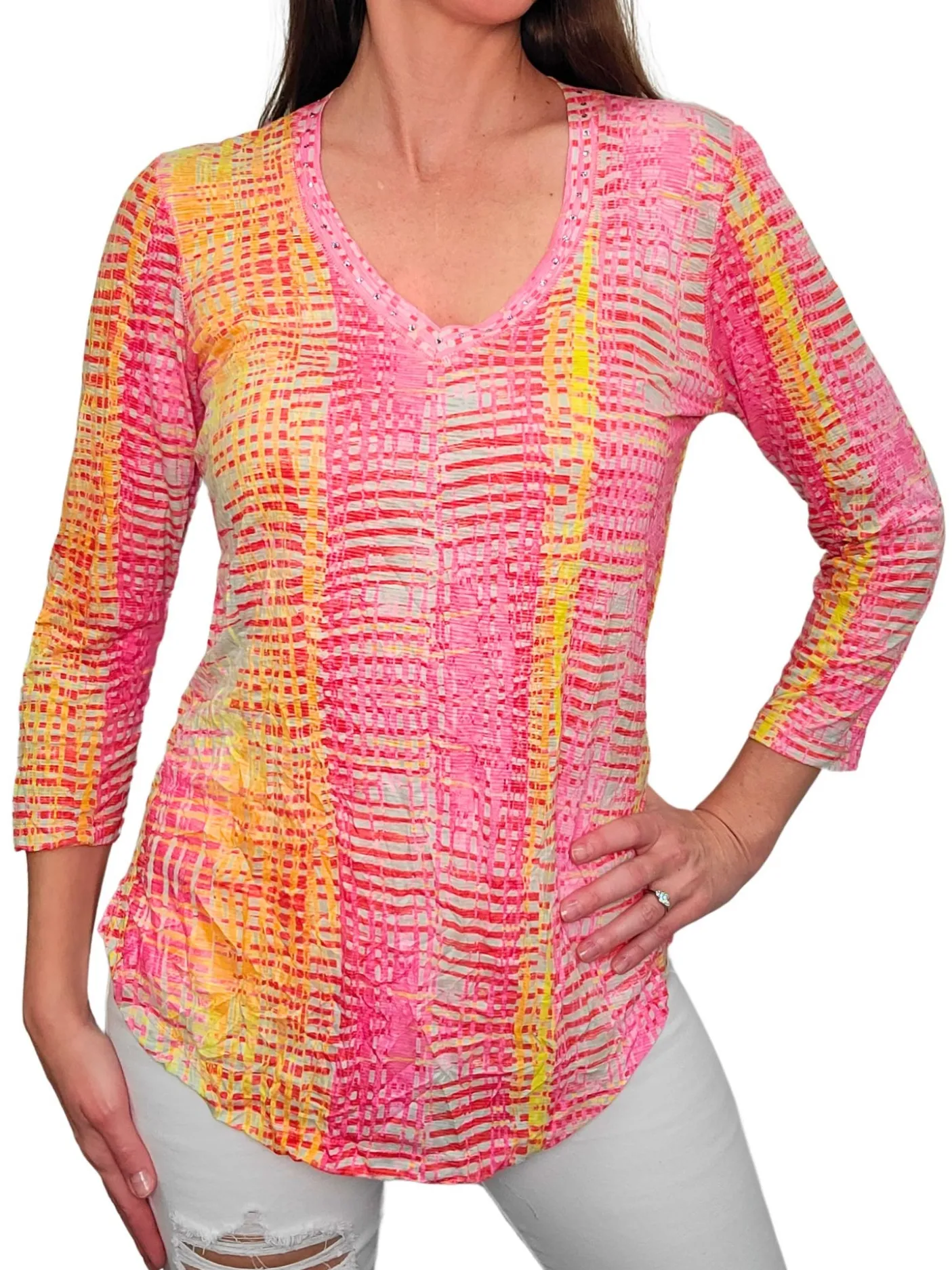 Crushed 3/4 Sleeve Lava V-Neck w/ Rhinestones