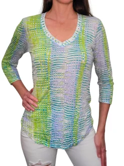Crushed 3/4 Sleeve Lime V-Neck with Rhinestones