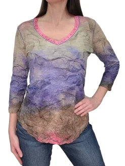 Crushed 3/4 Sleeve Mesa V-Neck with Rhinestones
