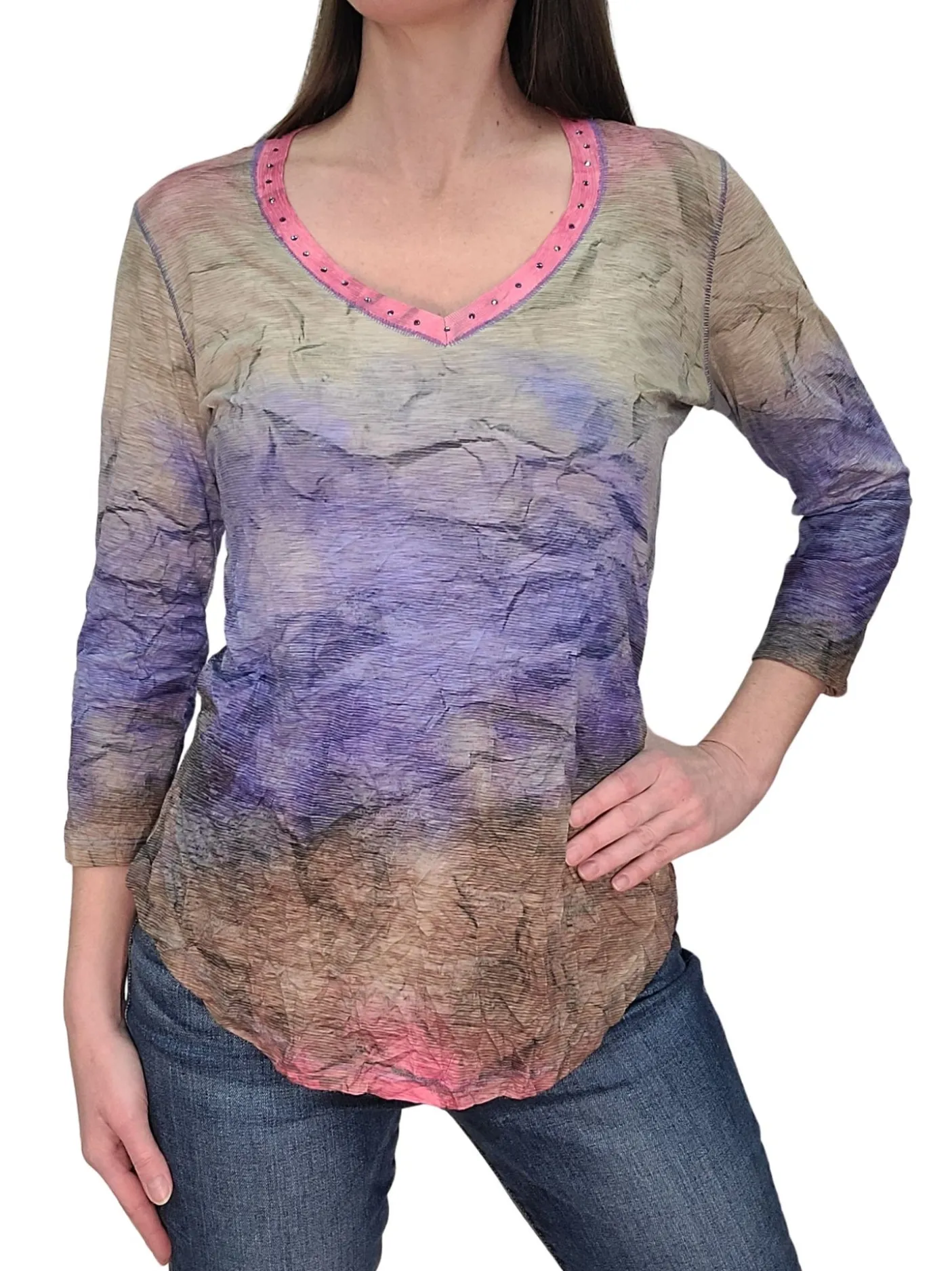 Crushed 3/4 Sleeve Mesa V-Neck with Rhinestones
