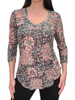 Crushed 3/4 Sleeve Onyx V-Neck with Rhinestones