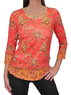 Crushed 3/4 Sleeve Orange Crew Neck
