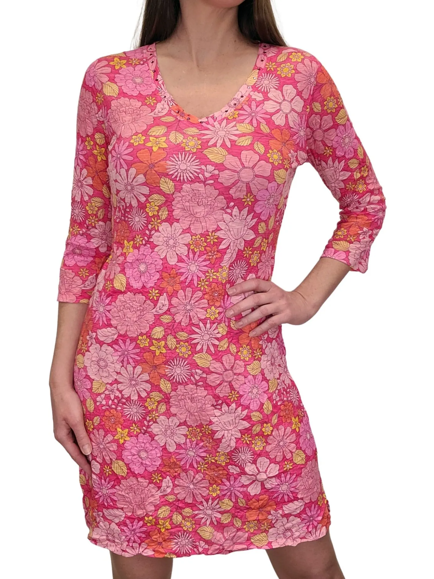 Crushed 3/4 Sleeve Pansy Dress w/ Rhinestones