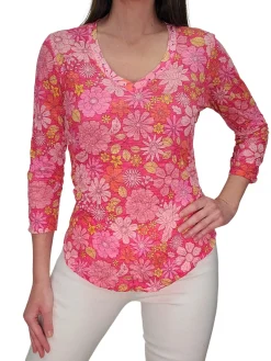 Crushed 3/4 Sleeve Pansy V-Neck with Rhinestones
