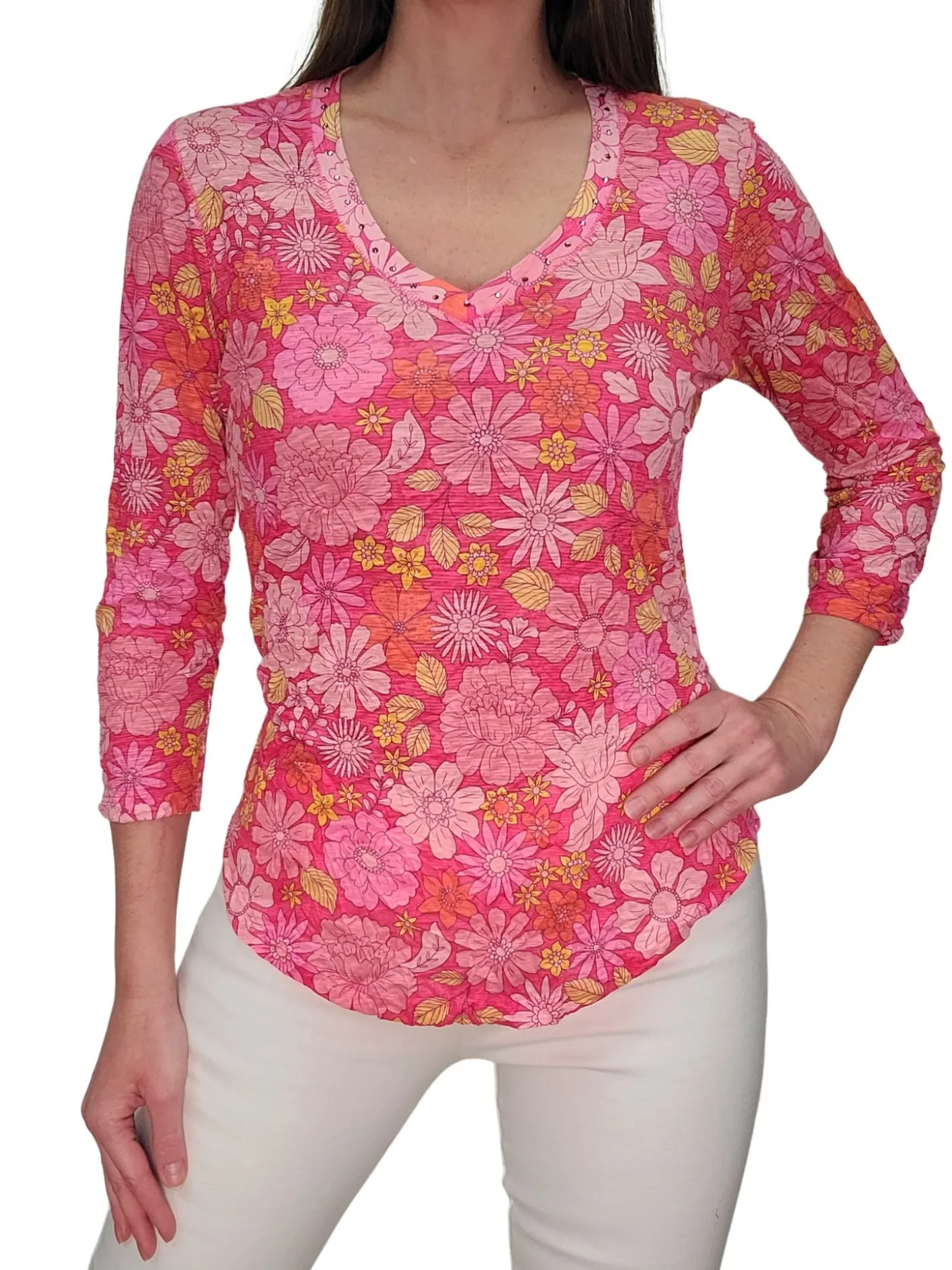 Crushed 3/4 Sleeve Pansy V-Neck with Rhinestones