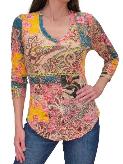 Crushed 3/4 Sleeve Petal V-Neck