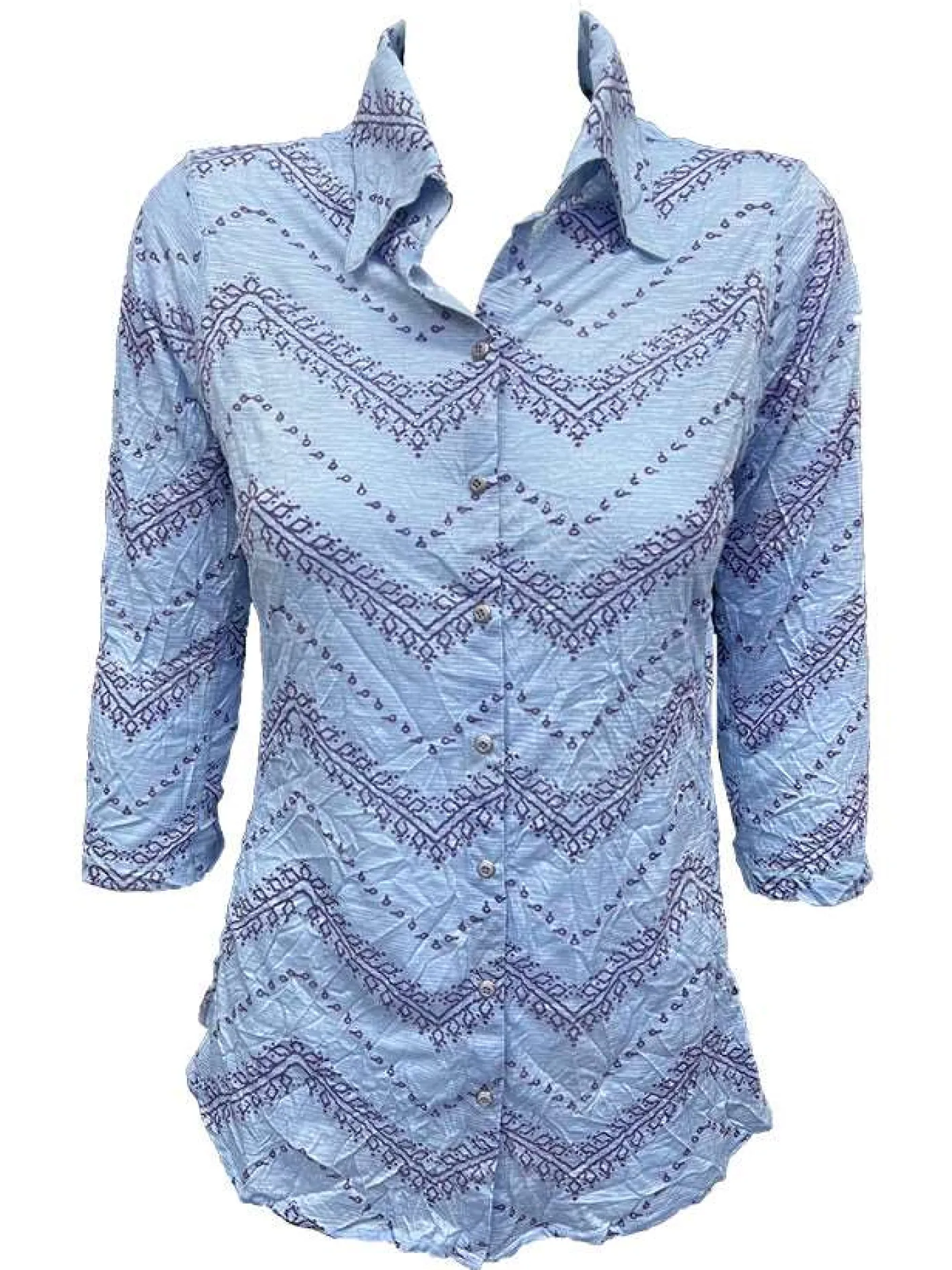 Crushed 3/4 Sleeve Powder Shirt with Rhinestones