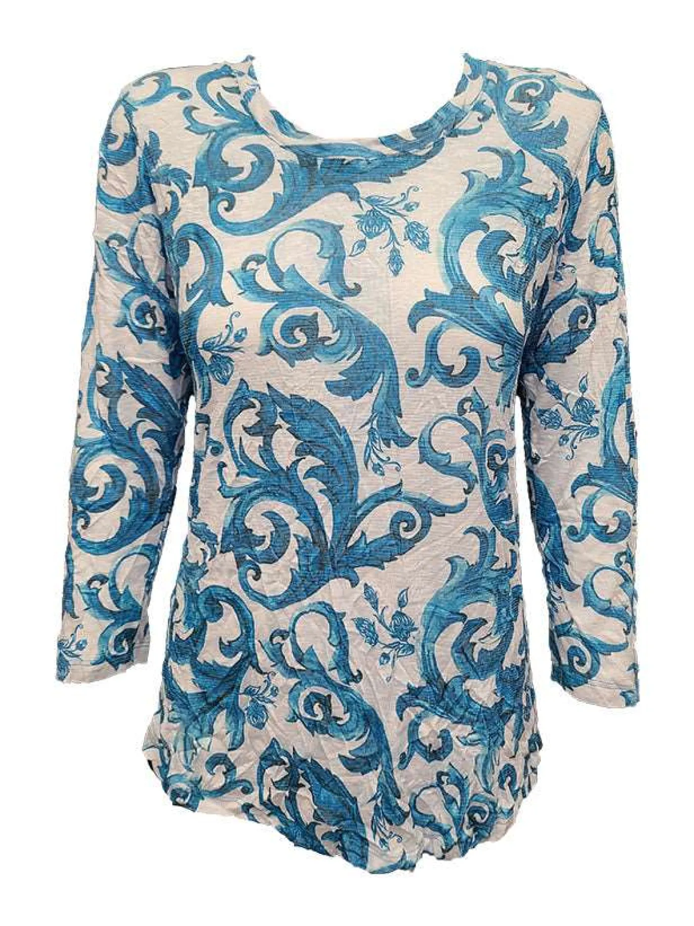 Crushed 3/4 Sleeve Teal Crew Neck