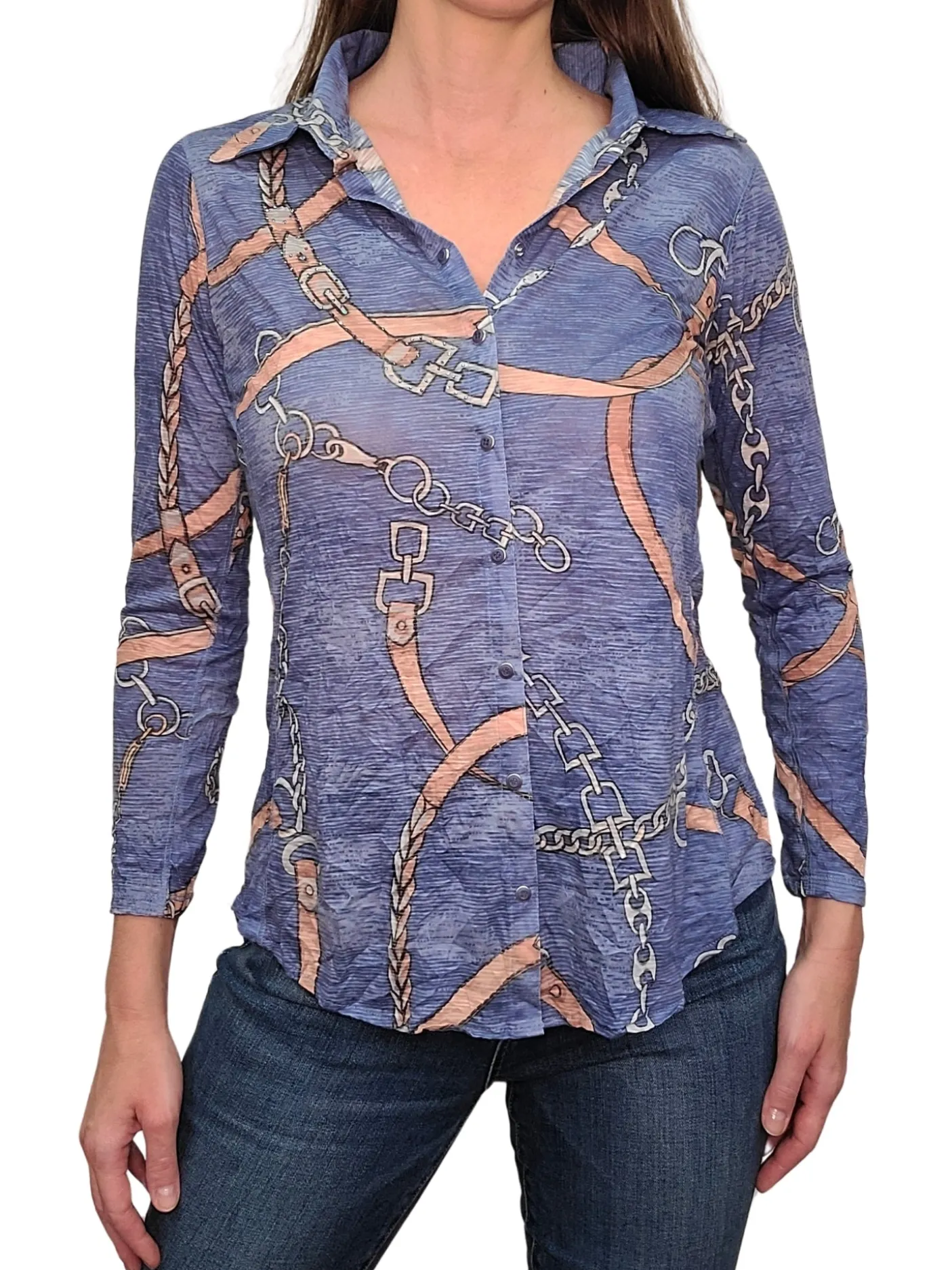 Crushed Long Sleeve Blueberry Shirt with Rhinestones
