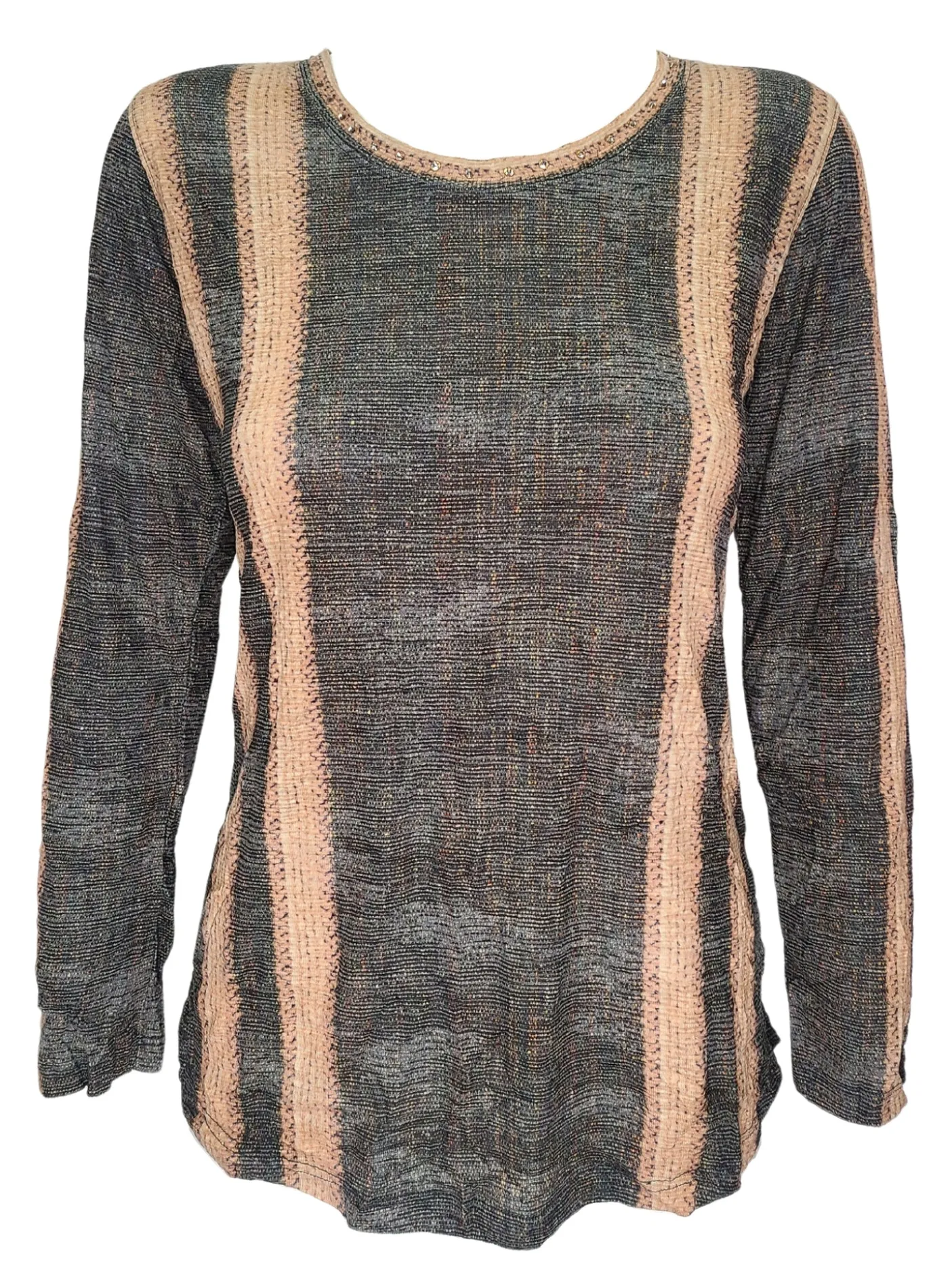 Crushed Long Sleeve 'Coffee' Crew Neck with Rhinestones