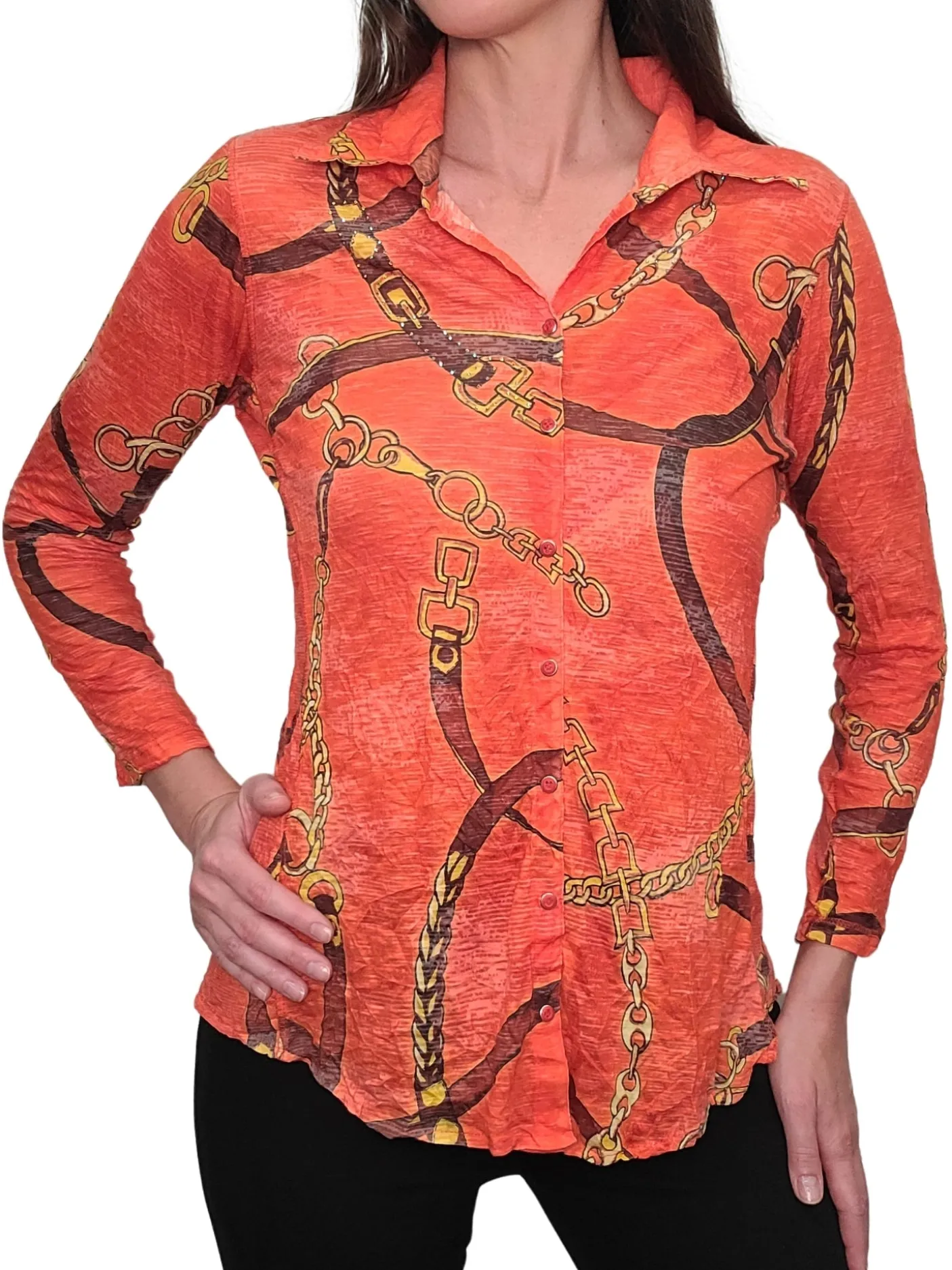 Crushed Long Sleeve Tomato Shirt with Rhinestones