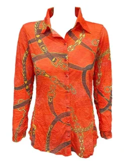 Crushed Long Sleeve Tomato Shirt with Rhinestones