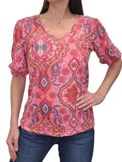 Crushed Smocked Sleeve Aztec V-Neck