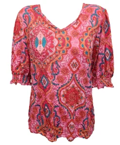 Crushed Smocked Sleeve Aztec V-Neck