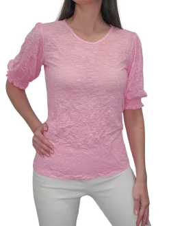 Crushed Smocked Sleeve Blush Crew Neck