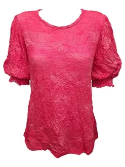 Crushed Smocked Sleeve Magenta Crew Neck