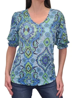 Crushed Smocked Sleeve Tribal V-Neck