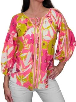 Flower Pleated Sleeve Peasant Blouse