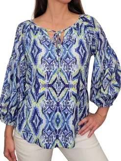 Ikat Pleated Sleeve Peasant Blouse