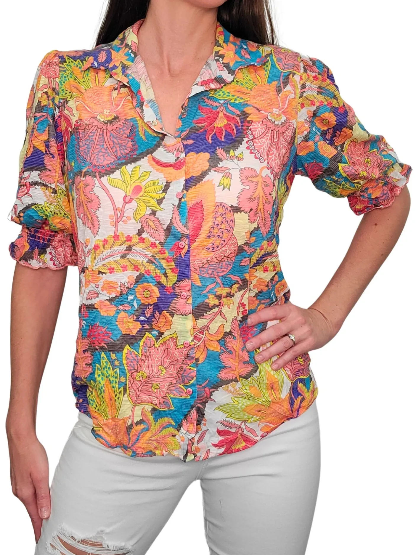 Party Collared Blouse with Smocked Sleeves